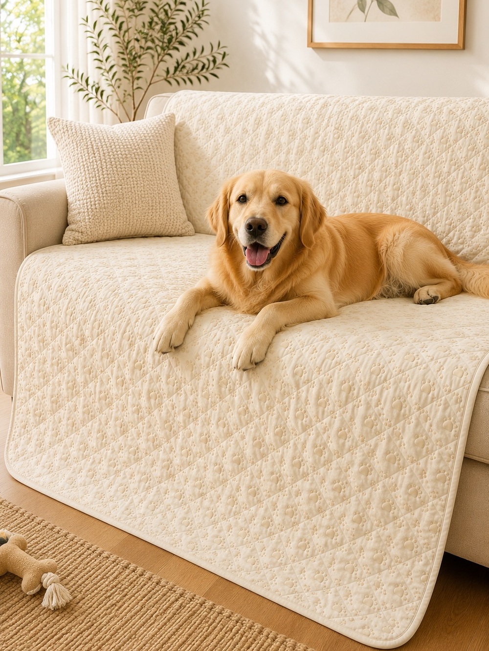 Large Quilted Pet Furniture Protector Blanket Cream Paw Print 48x75 Non-Slip